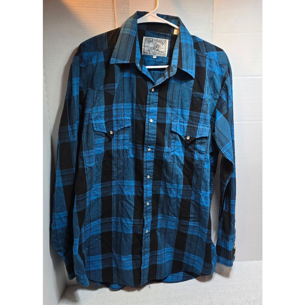 Men's Ely Shirts Blue Black Plaid Casual Button Down Shirt L